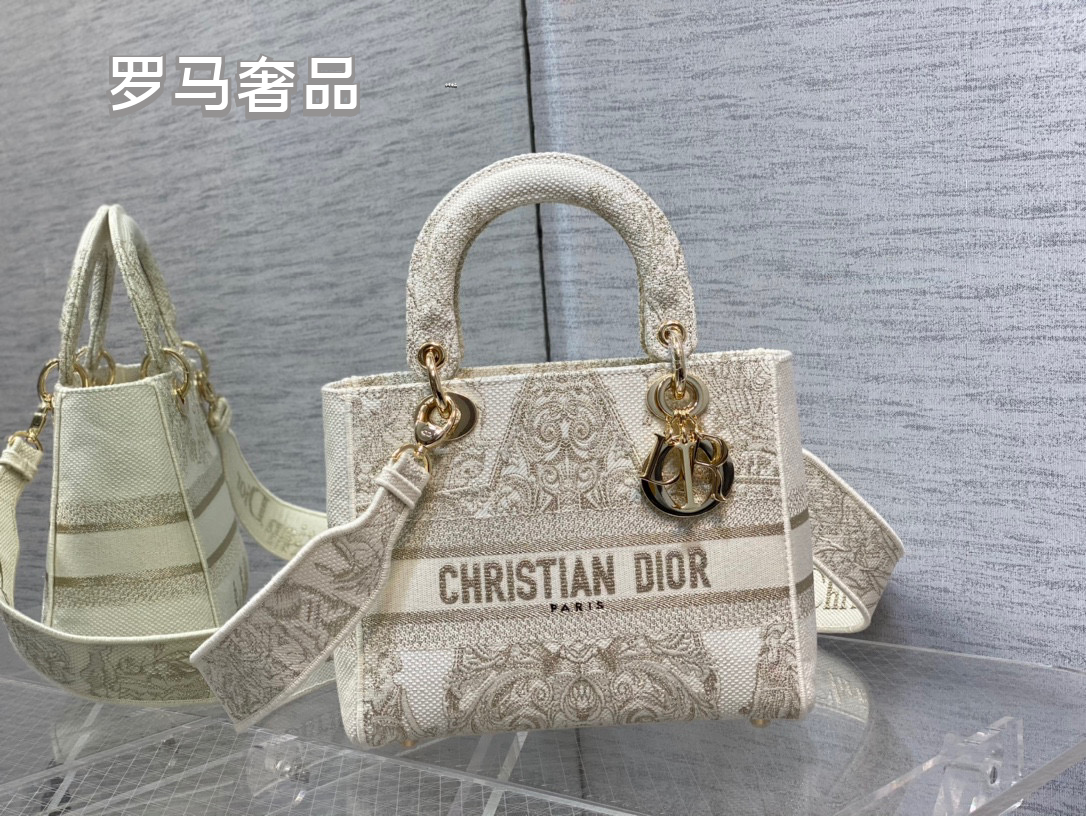 Christian Dior Lady D-Lite Medium Handbag - White and Gold-Tone Embroidered Canvas