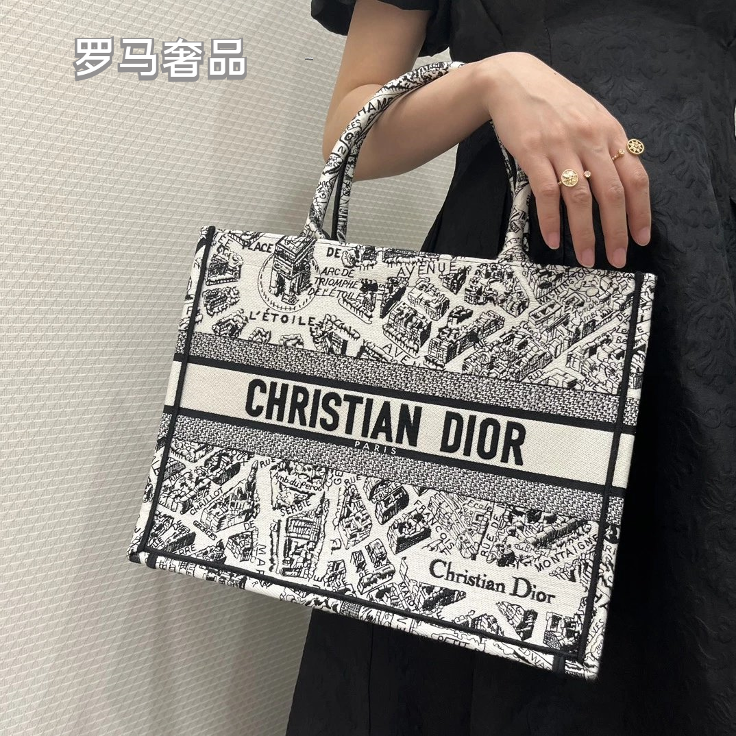 Dior Black and White Paris Street Map Embroidered Canvas Tote Bag