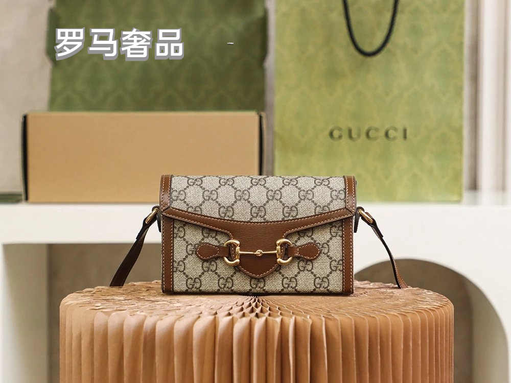 Gucci Horsebit 1955 Mini Shoulder Bag - GG Supreme Canvas with Brown Leather Trim