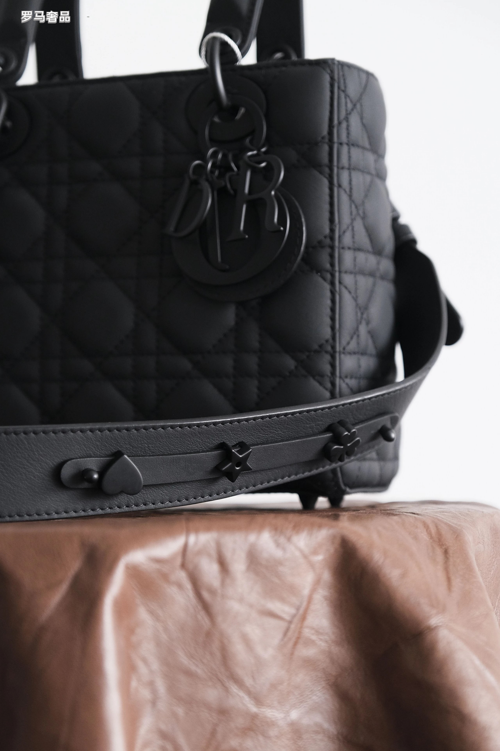 Lady Dior Style Ultra Matte Black Quilted Handbag with Shoulder Strap