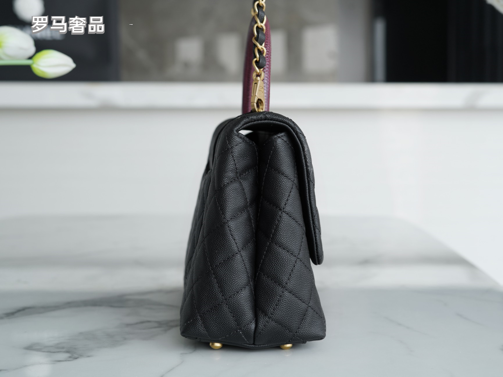Chanel Medium Coco Handle Bag Black Quilted Caviar Leather Gold Hardware