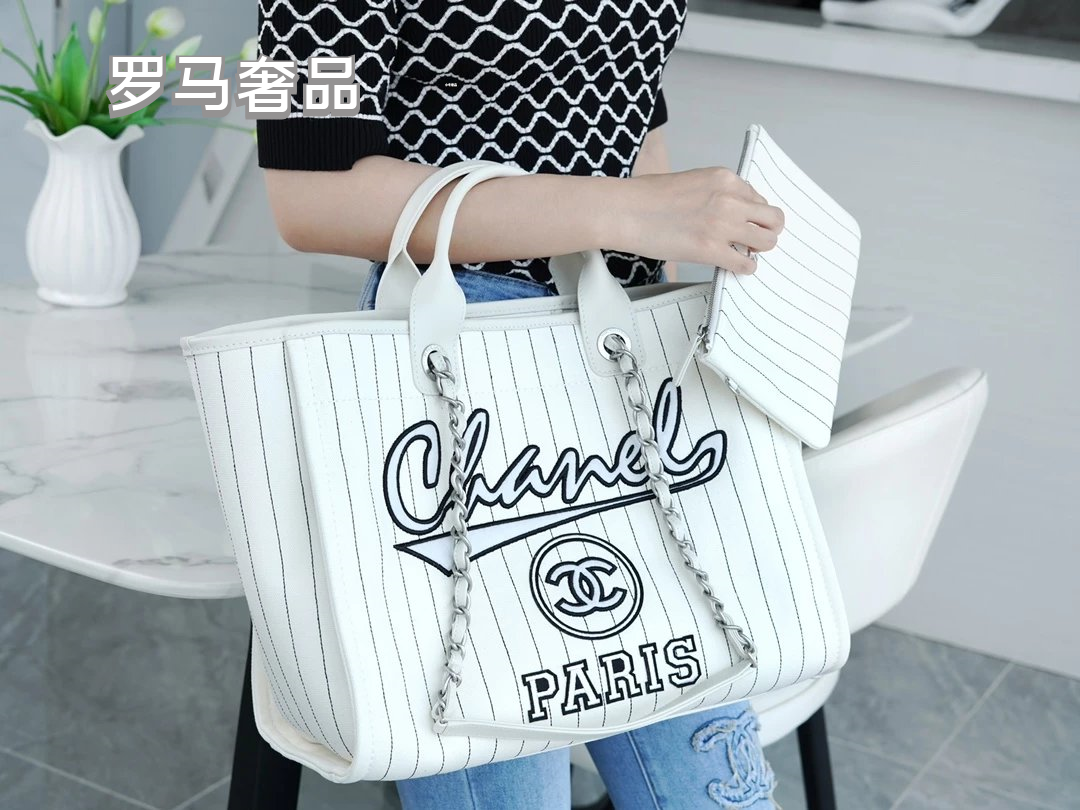 Chanel Pinstripe Deauville Canvas Tote Bag - White/Black