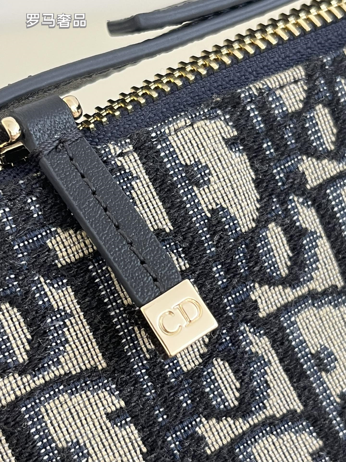 Vintage Inspired Monogram Canvas Shoulder Bag with Adjustable Strap - Navy Blue & Grey