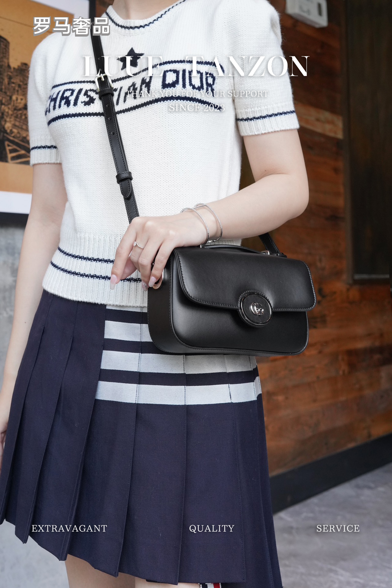 Women's Black Leather Crossbody Shoulder Bag with Silver Round GG Clasp