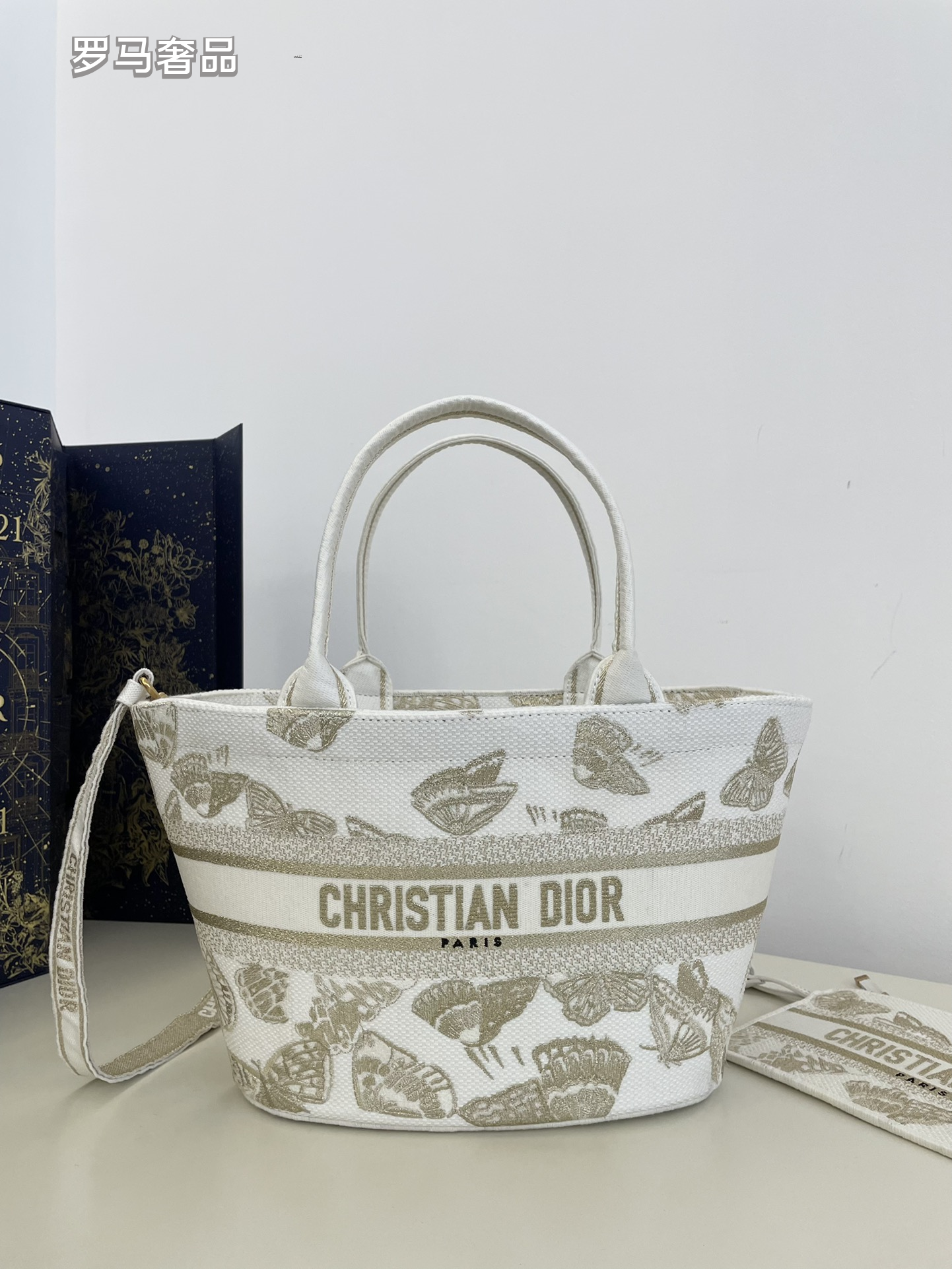 Christian Dior Small Canvas Tote Bag with Butterfly Print - White/Gold