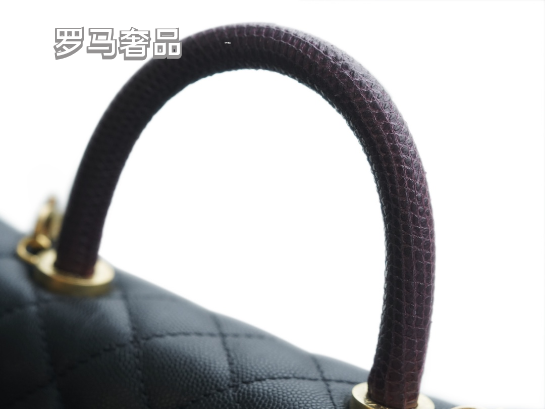 Chanel Medium Coco Handle Bag Black Quilted Caviar Leather Gold Hardware