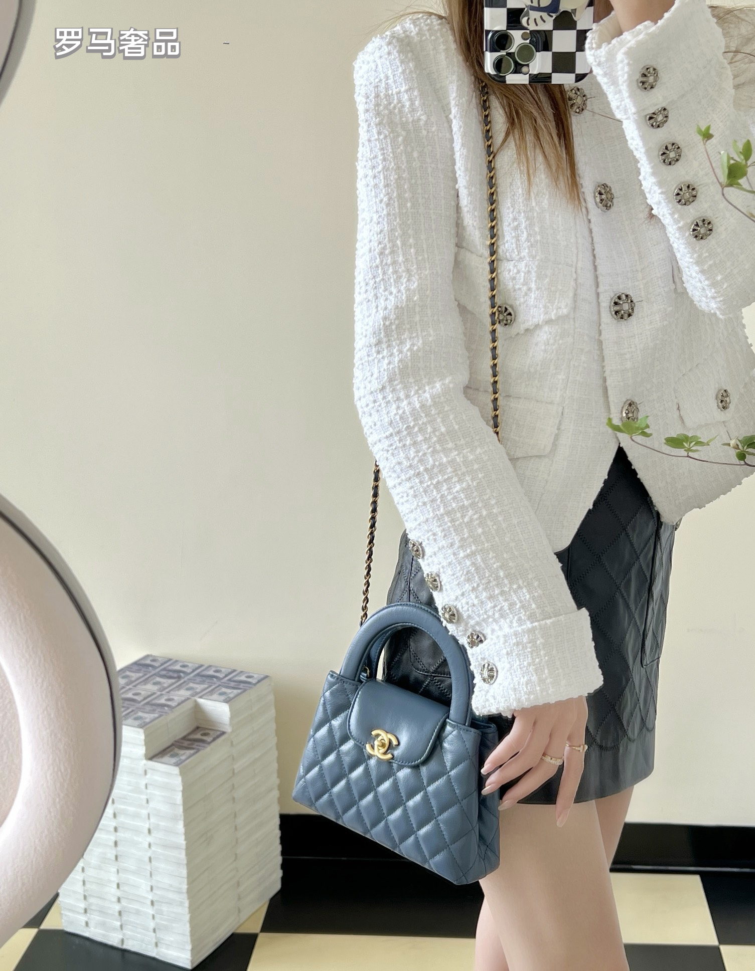 Chanel Quilted Leather Top Handle Flap Bag - Steel Blue with Gold Hardware