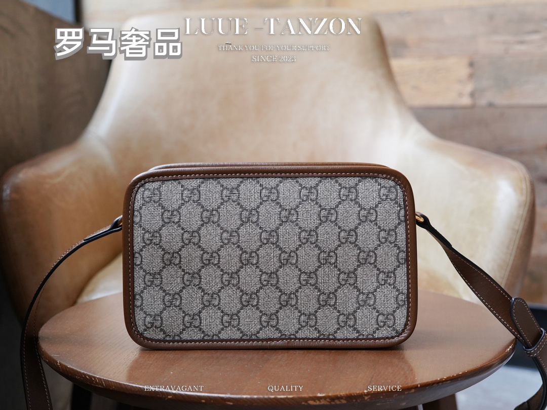 Gucci Vintage Monogram Canvas Crossbody Bag with Brown Leather Trim