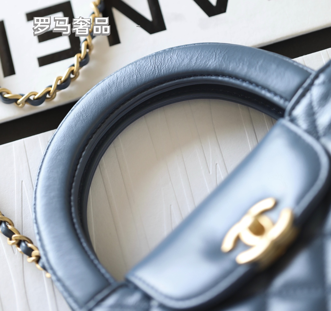 Chanel Quilted Leather Top Handle Flap Bag - Steel Blue with Gold Hardware