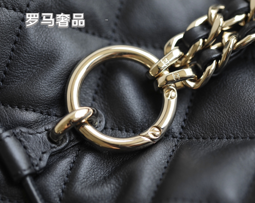 Chanel-Style Quilted Black Leather Bucket Bag with Silver Chain Strap