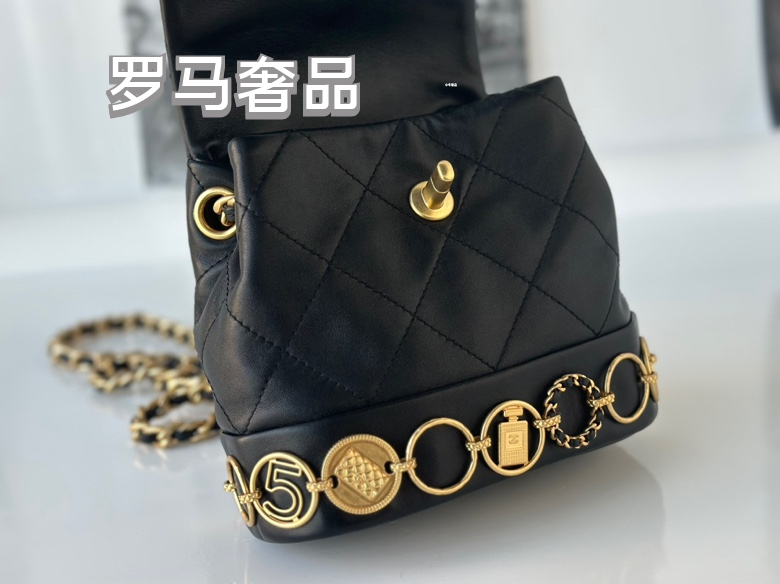 Chanel Vintage Mini Quilted Leather Backpack with Medallion Charm Chain Detail - Black/Gold