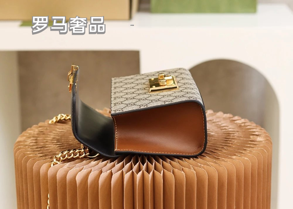 Gucci Vintage Monogram Canvas Crossbody Bag with Leather Flap and Gold Chain