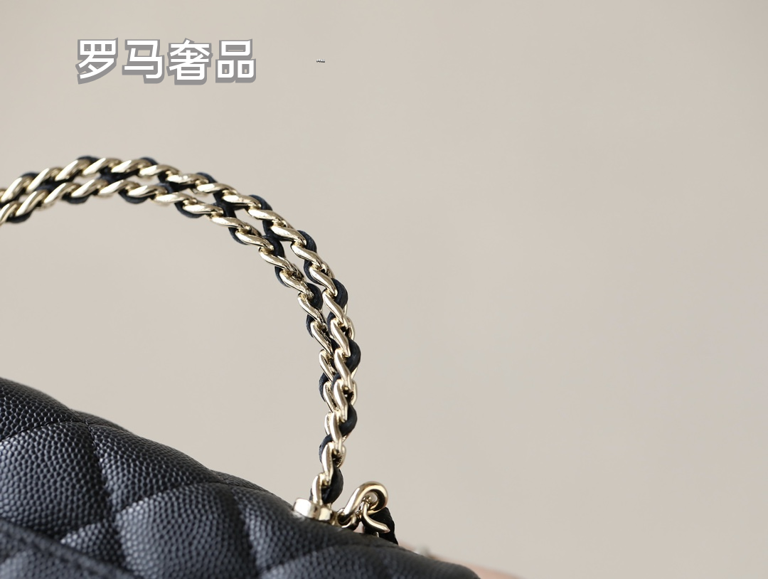 Black Quilted Leather Top Handle Clutch with Chain Shoulder Strap