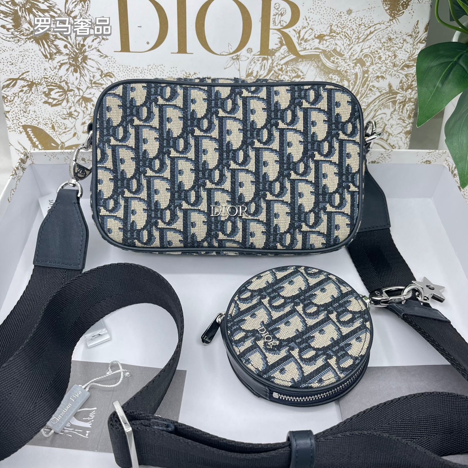 Dior Classic Monogram Canvas Crossbody Bag with Round Coin Pouch