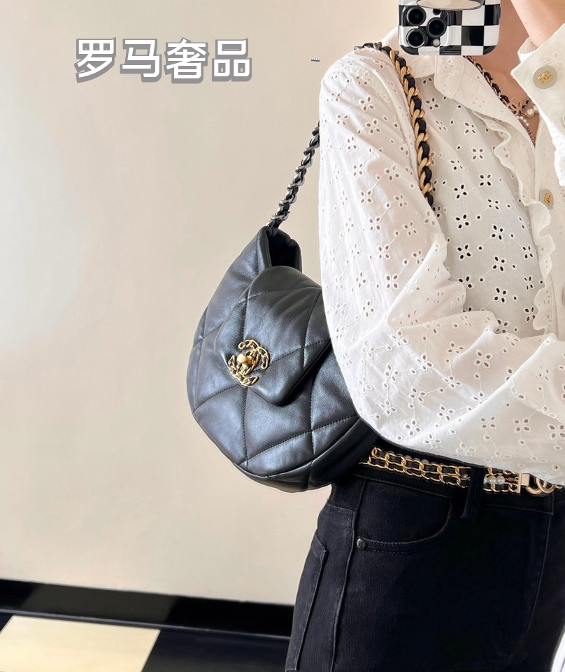 Chanel 19 Large Hobo Bag - Black Quilted Lambskin Leather with Gold-Tone Hardware