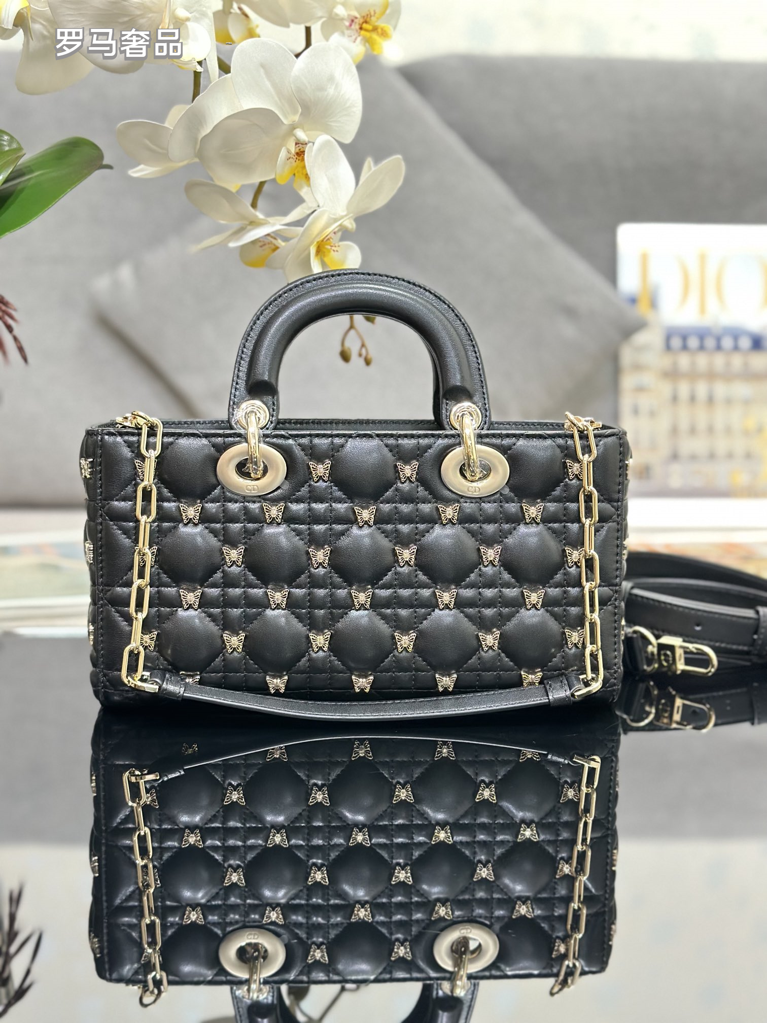 Christian Dior Lady D-Joy Bag Black Quilted Lambskin with Butterfly Charm