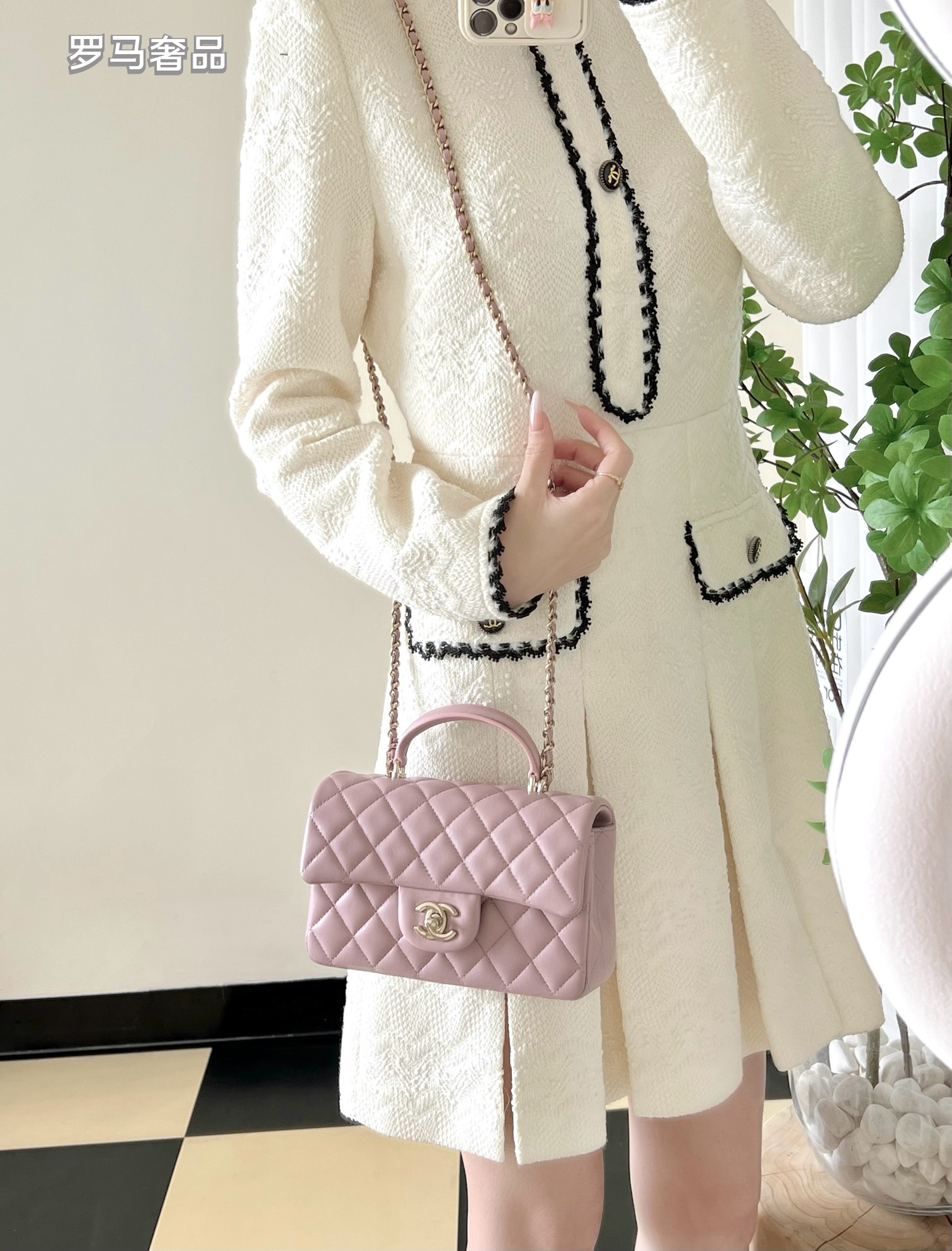 Chanel Mini Top Handle Flap Bag - Light Pink Quilted Lambskin Leather