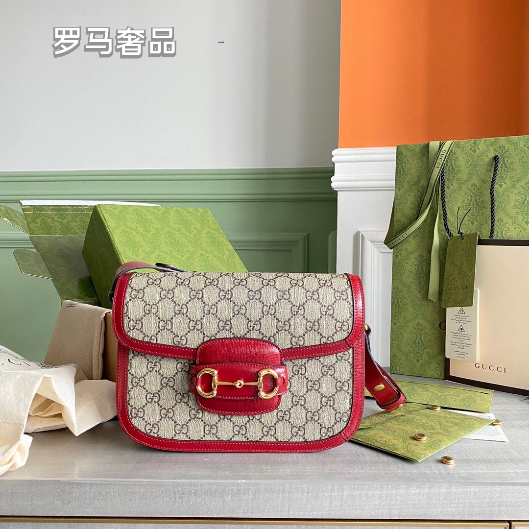 Designer GG Supreme Horsebit Shoulder Bag - Red Leather &amp; Monogram Canvas