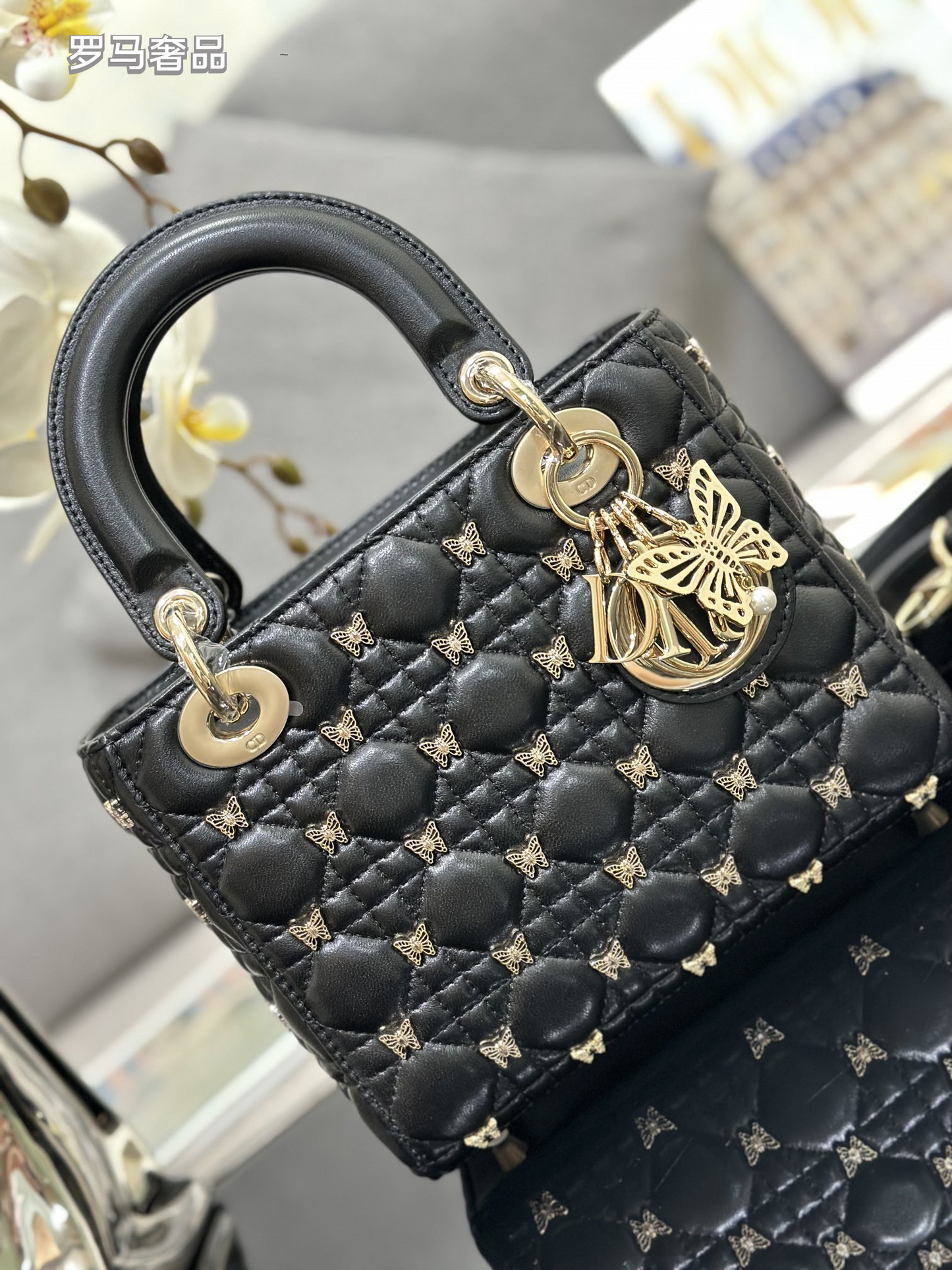 Lady Dior Small Handbag - Black Quilted Leather with Butterfly Embellishments