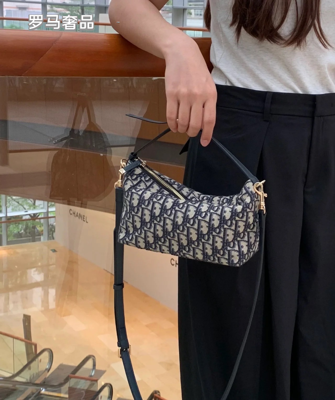 Vintage Inspired Monogram Canvas Shoulder Bag with Adjustable Strap - Navy Blue & Grey