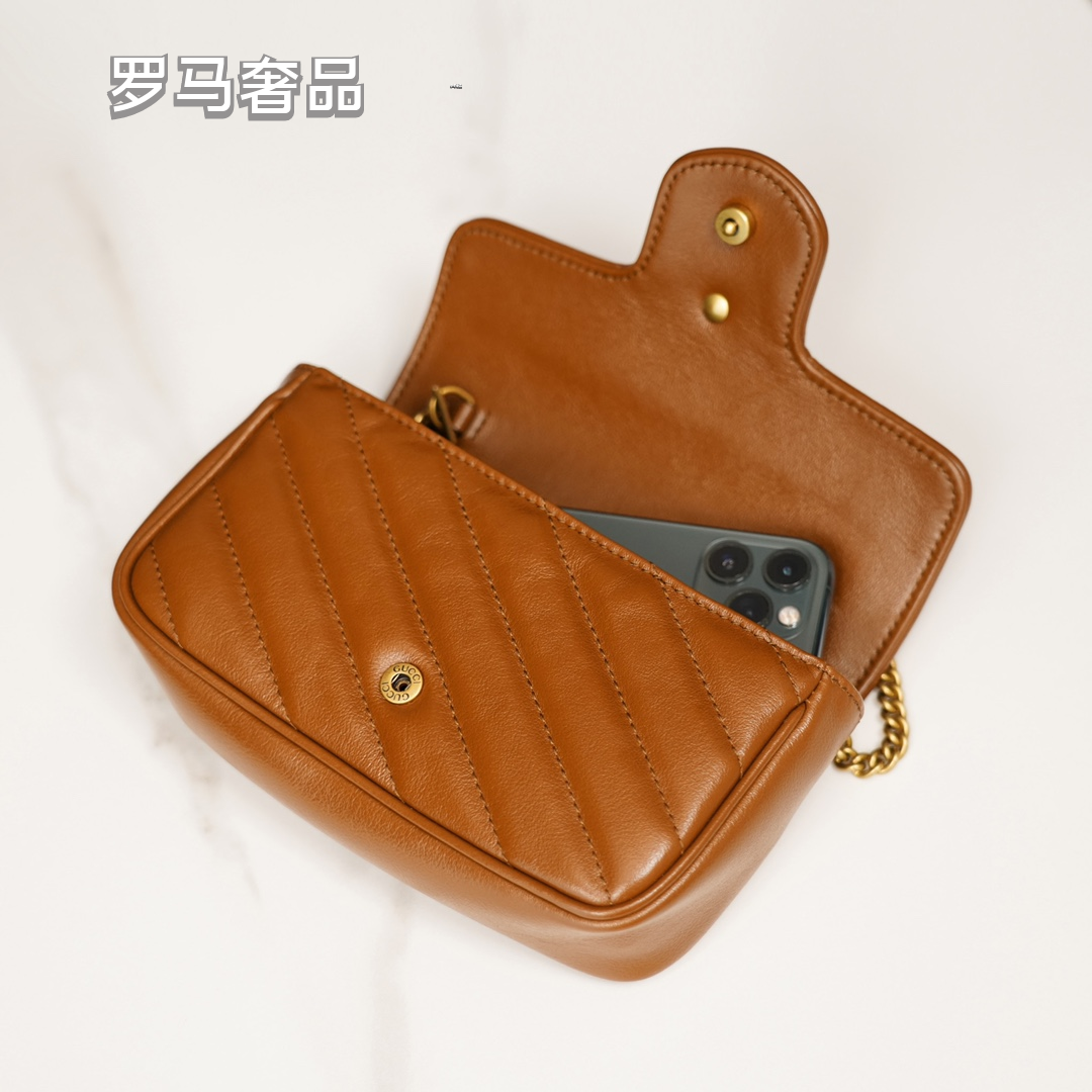 Gucci Brown Quilted Leather Crossbody Bag with Gold Chain Strap