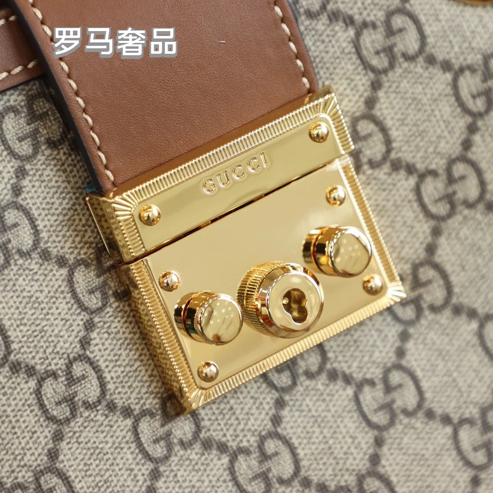 Gucci Vintage Monogram Canvas Shoulder Bag with Gold Chain and Padlock