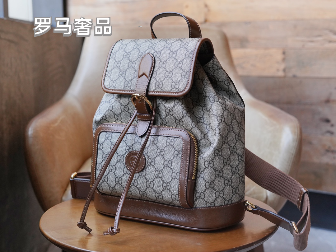 Gucci Classic Monogram Canvas Backpack with Brown Leather Trim and Drawstring