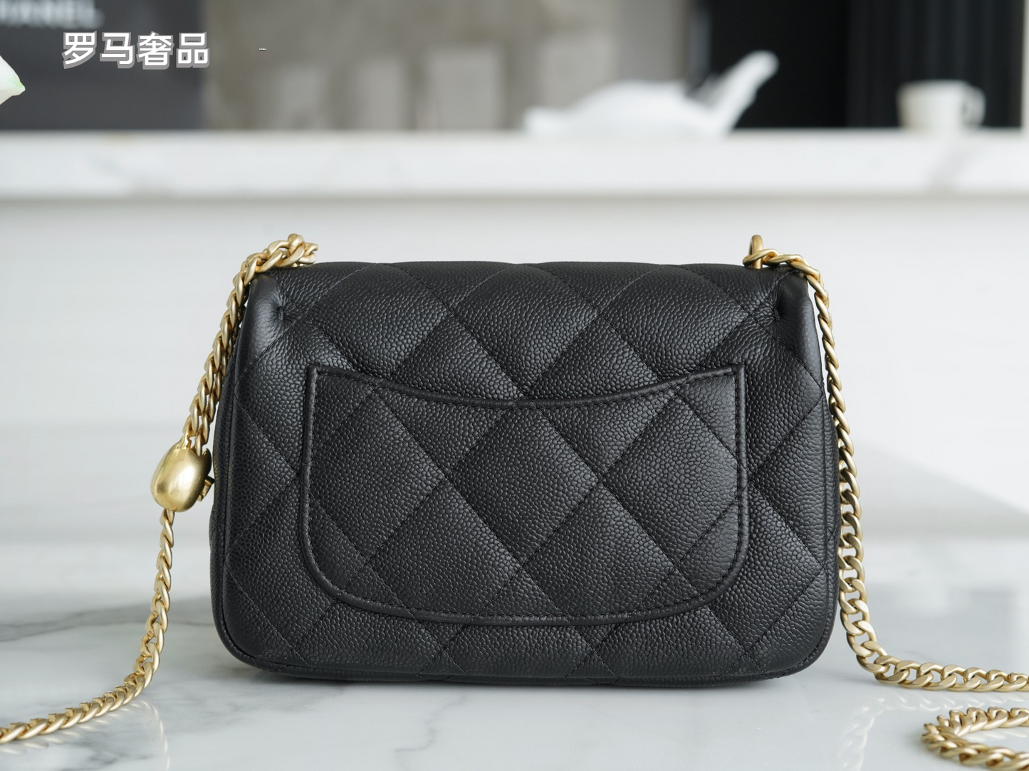 Chanel Quilted Leather Mini Flap Bag with Gold Heart Charm Chain - Black