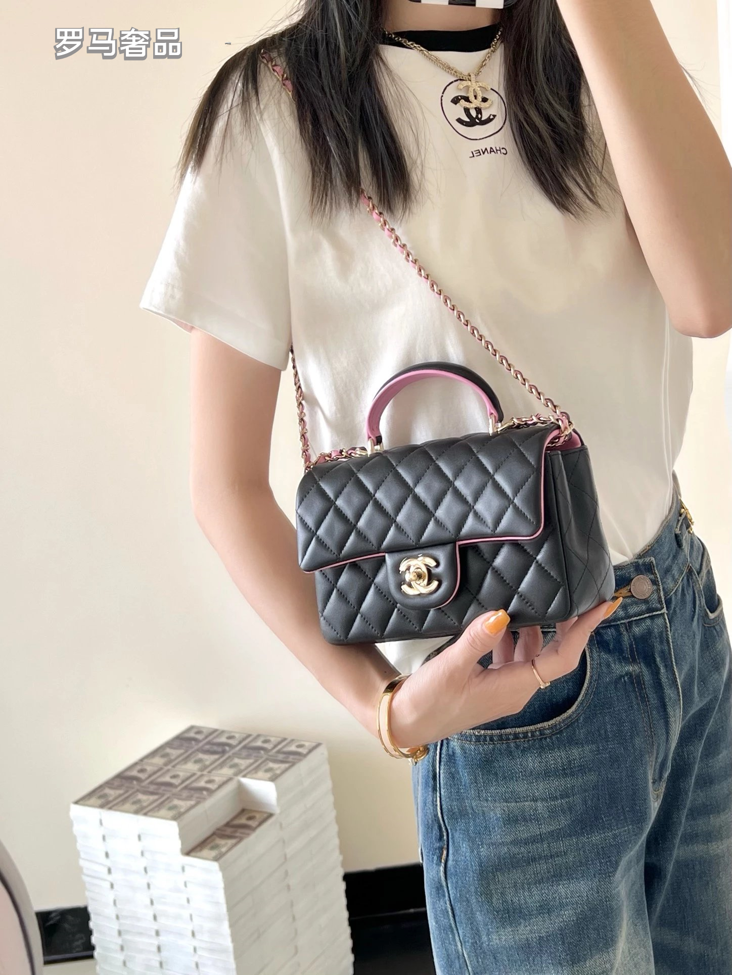 Chanel Small Quilted Top Handle Flap Bag - Black Leather with Gold-tone Hardware
