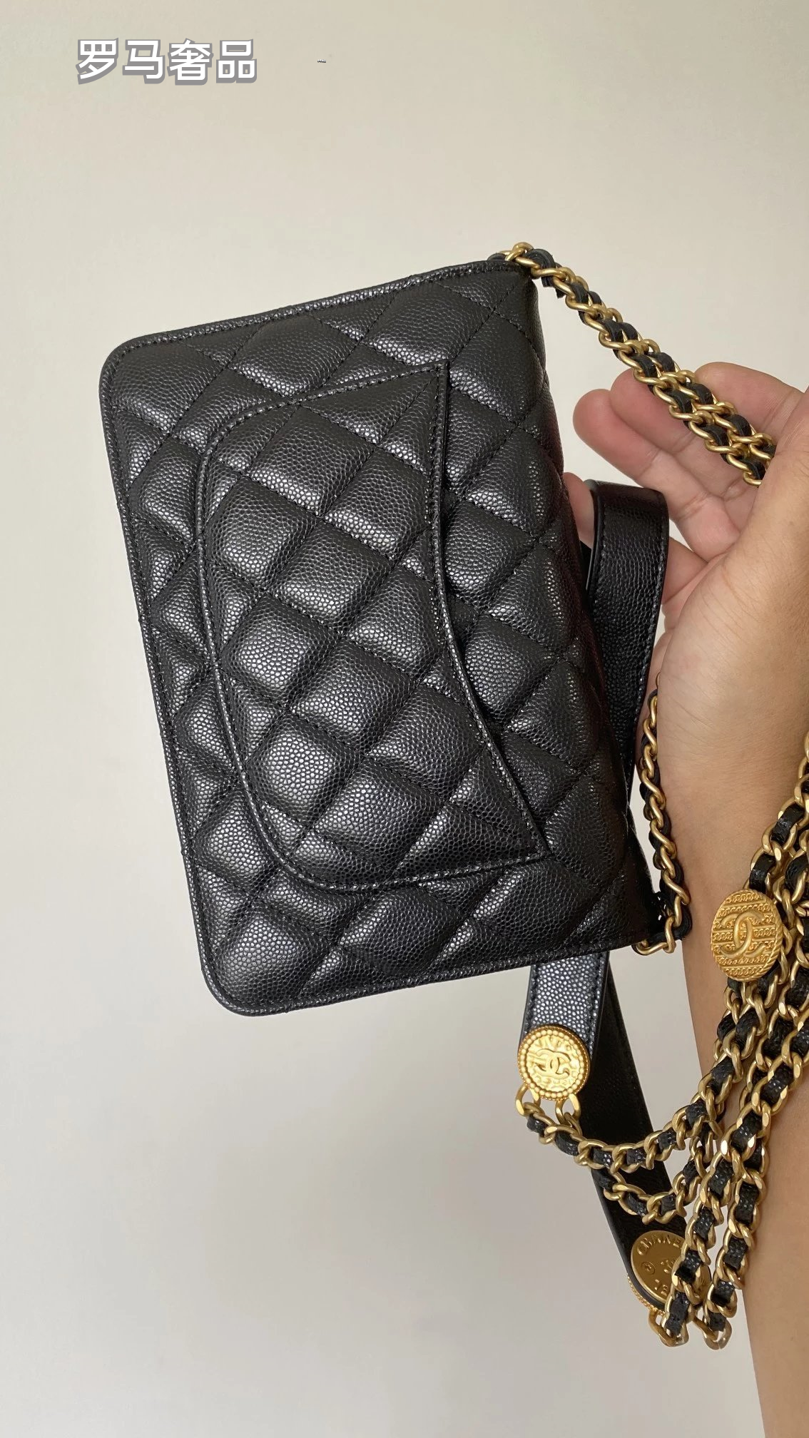 Tanzon Black Quilted Leather Crossbody Bag with Gold Chain Strap