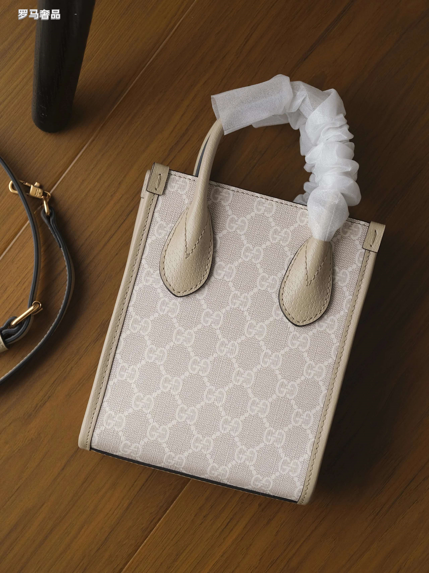Gucci Elegant Cream Monogram Mini Tote Bag with Top Handles and Crossbody Strap