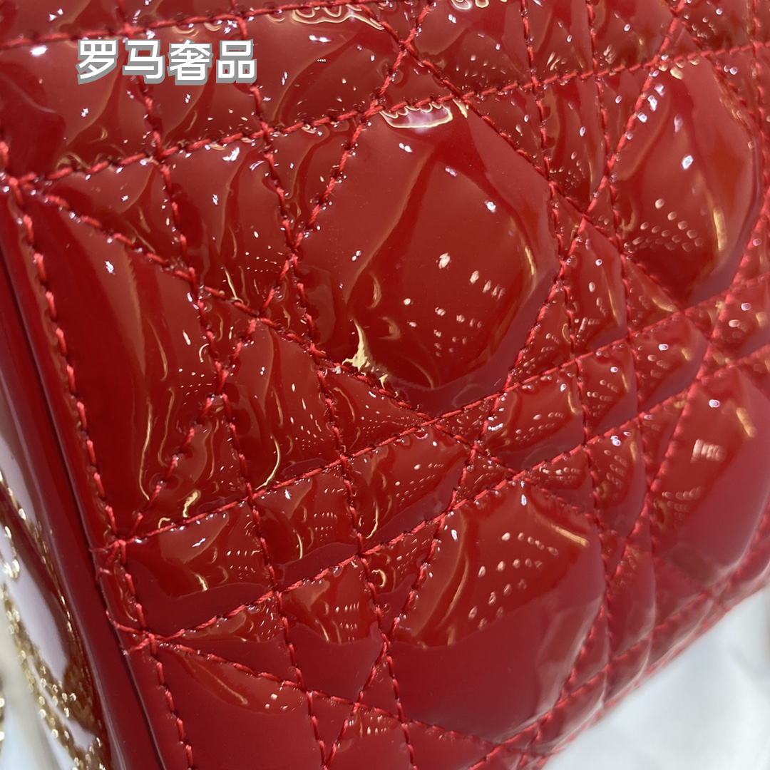 Christian Dior Micro Lady Dior Bag - Red Cannage Patent Calfskin with Gold-Finish Metal