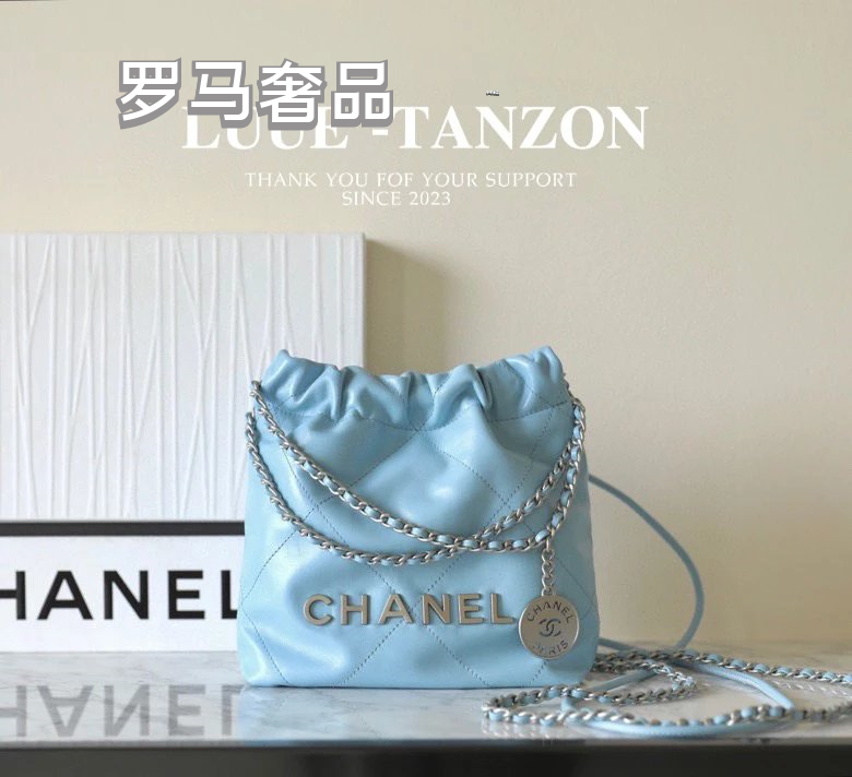Chanel 22 Mini Handbag - Light Blue Calfskin with Silver-Tone Metal