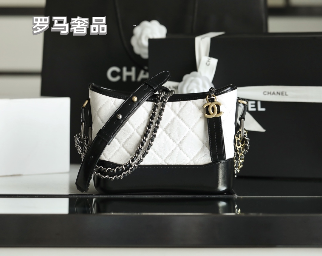 Chanel Small Gabrielle Hobo Bag - White &amp; Black Quilted Aged Calfskin