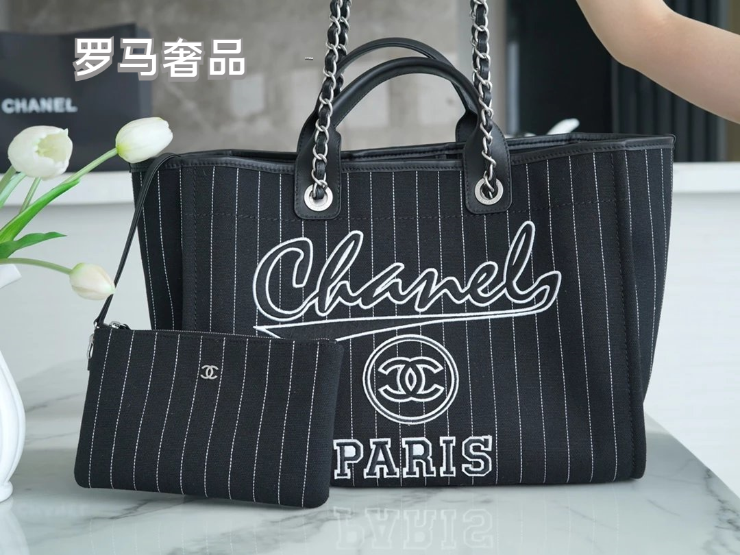Chanel Pinstripe Canvas Deauville Tote Bag with Matching Pouch - Black/White