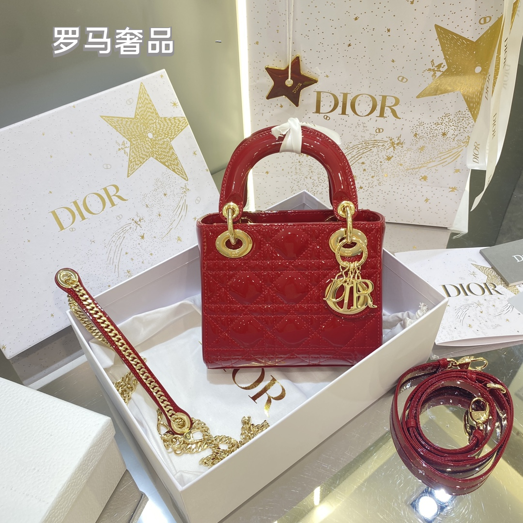 Dior Elegant Red Quilted Patent Leather Mini Top Handle Handbag
