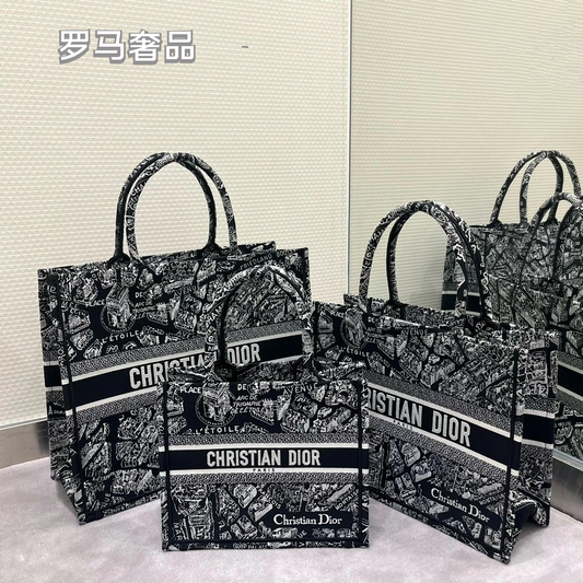 Christian Dior Plan de Paris Book Tote Bag - Black and White Embroidered Canvas