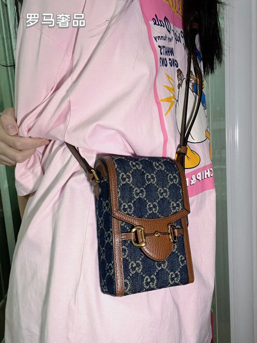 Gucci Horsebit 1955 Mini Shoulder Bag Blue GG Denim with Brown Leather Trim