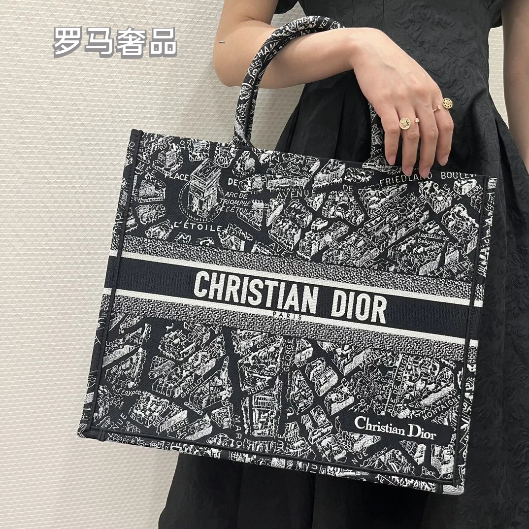Christian Dior Plan de Paris Book Tote Bag - Black and White Embroidered Canvas