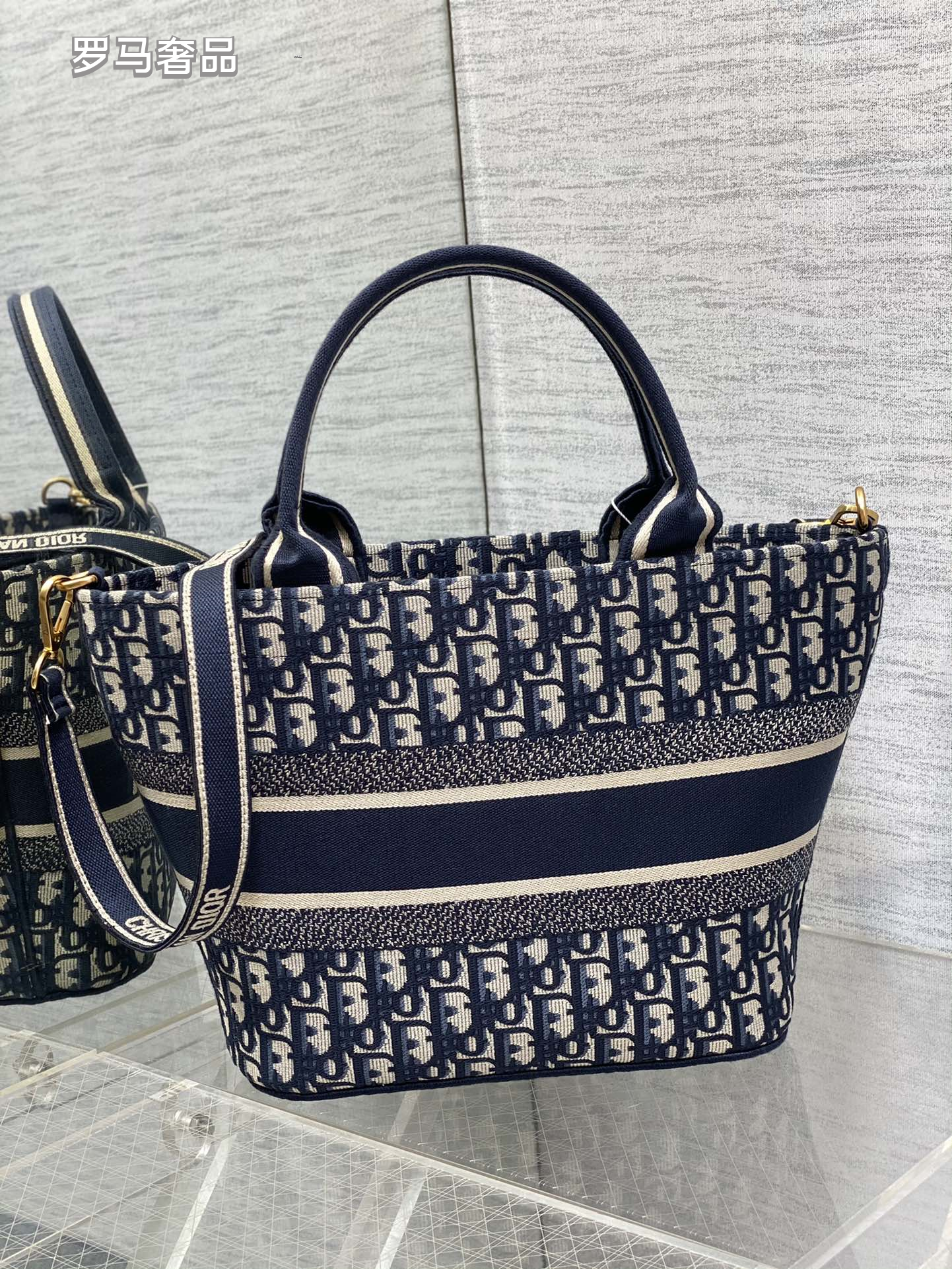 Christian Dior Oblique Canvas Small Tote Bag with Shoulder Strap - Navy Blue