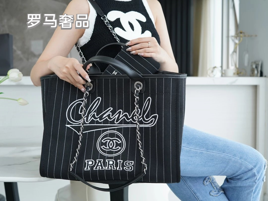 Chanel Pinstripe Canvas Deauville Tote Bag with Matching Pouch - Black/White