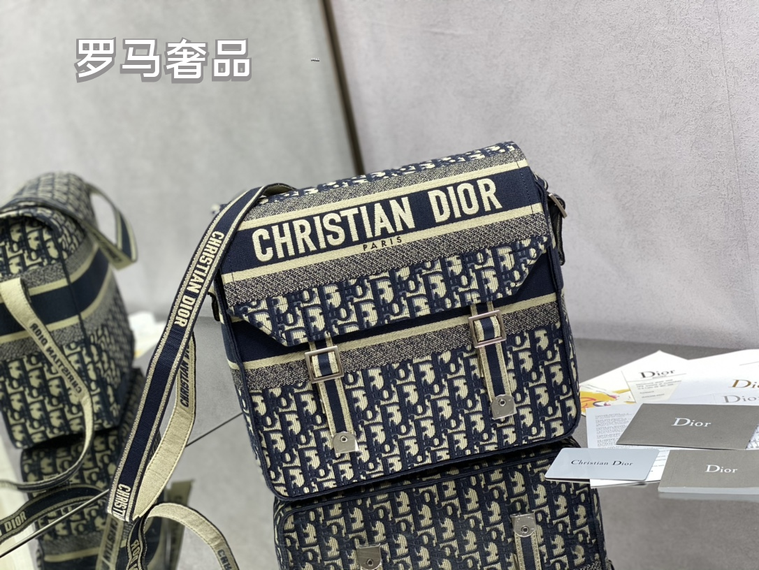 Christian Dior Oblique Canvas Messenger Bag - Navy/Beige Crossbody Bag