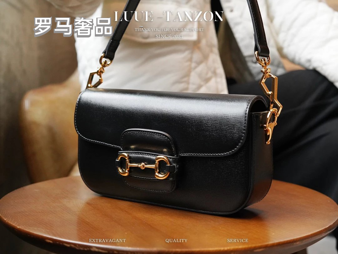 Luxury Black Leather Shoulder Bag with Gold Horsebit Hardware and Chain Strap