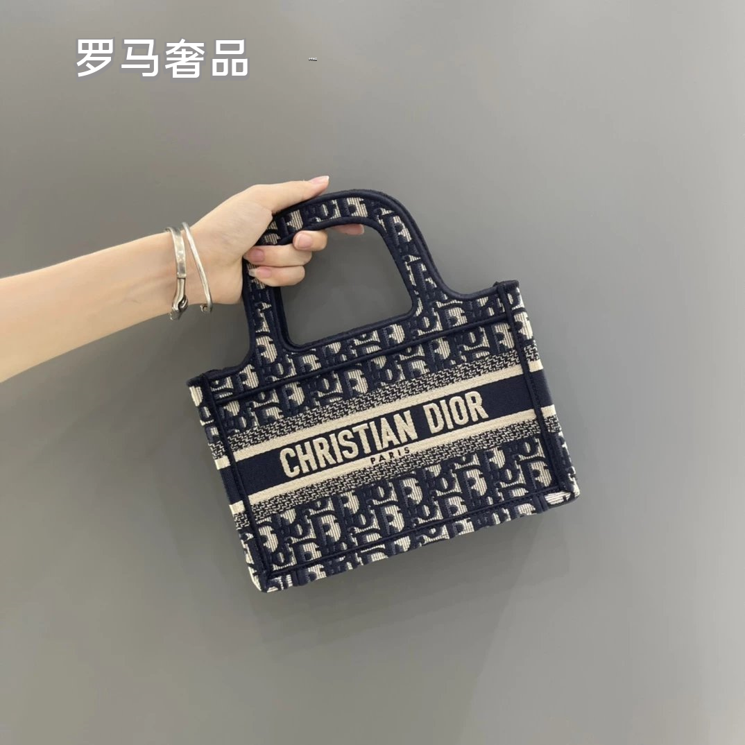 Christian Dior Blue Dior Oblique Embroidery Mini Book Tote