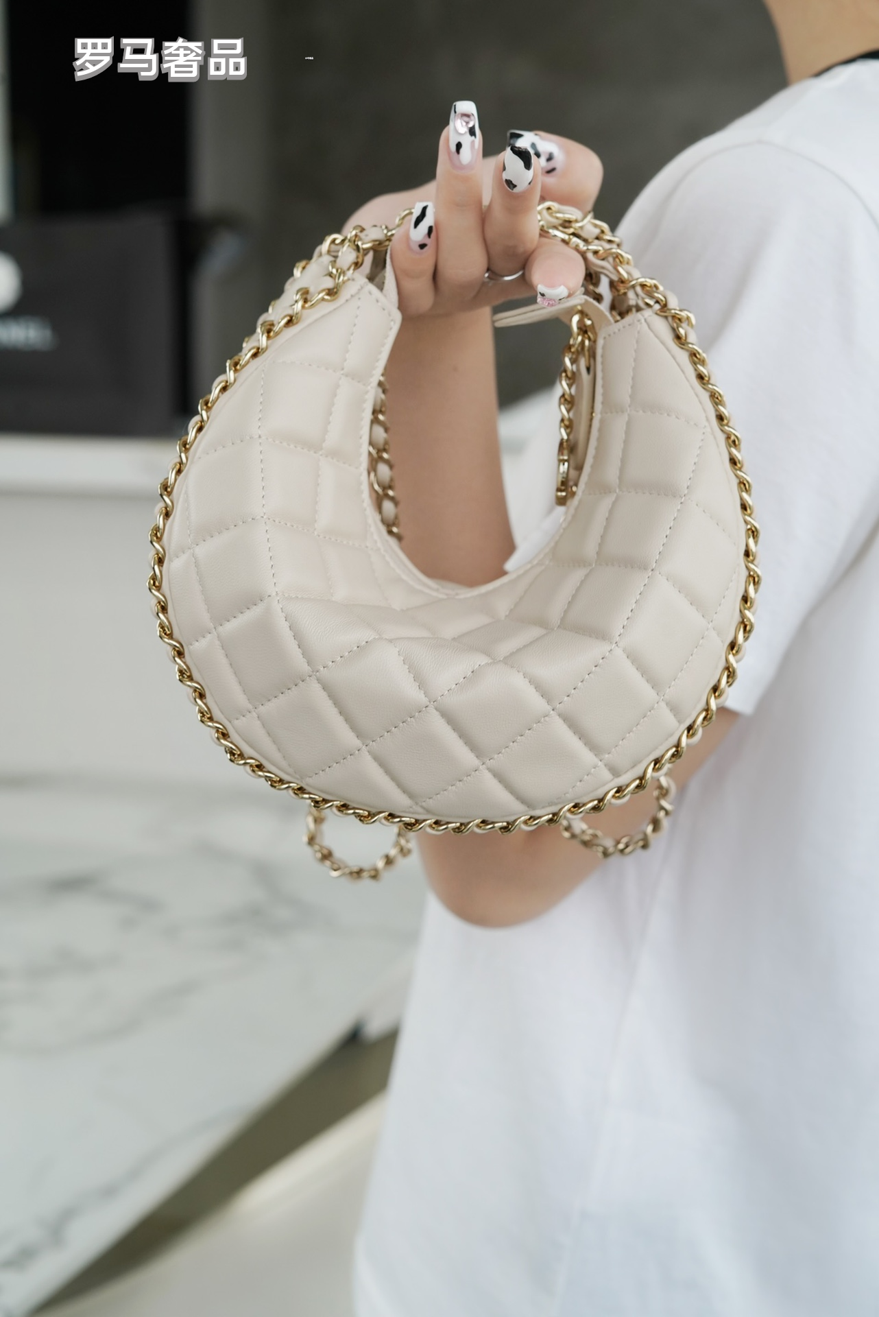 Chanel Style Small Quilted Crescent Hobo Bag in Beige with Gold-Tone Chain
