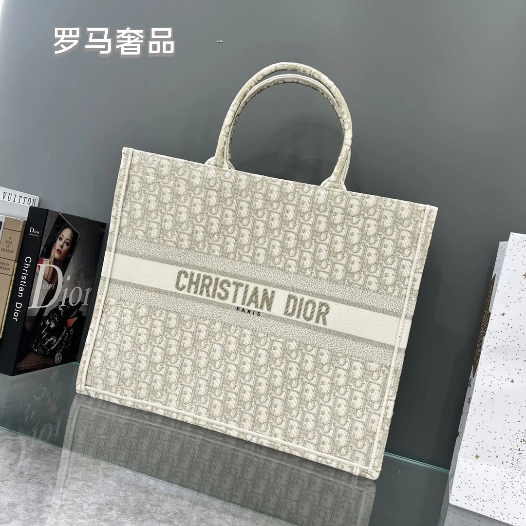 Christian Dior Book Tote Bag - Cream Oblique Embroidery Canvas Luxury Handbag