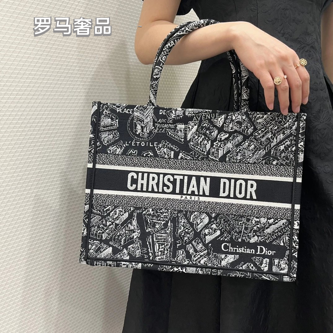 Christian Dior Plan de Paris Book Tote Bag - Black and White Embroidered Canvas