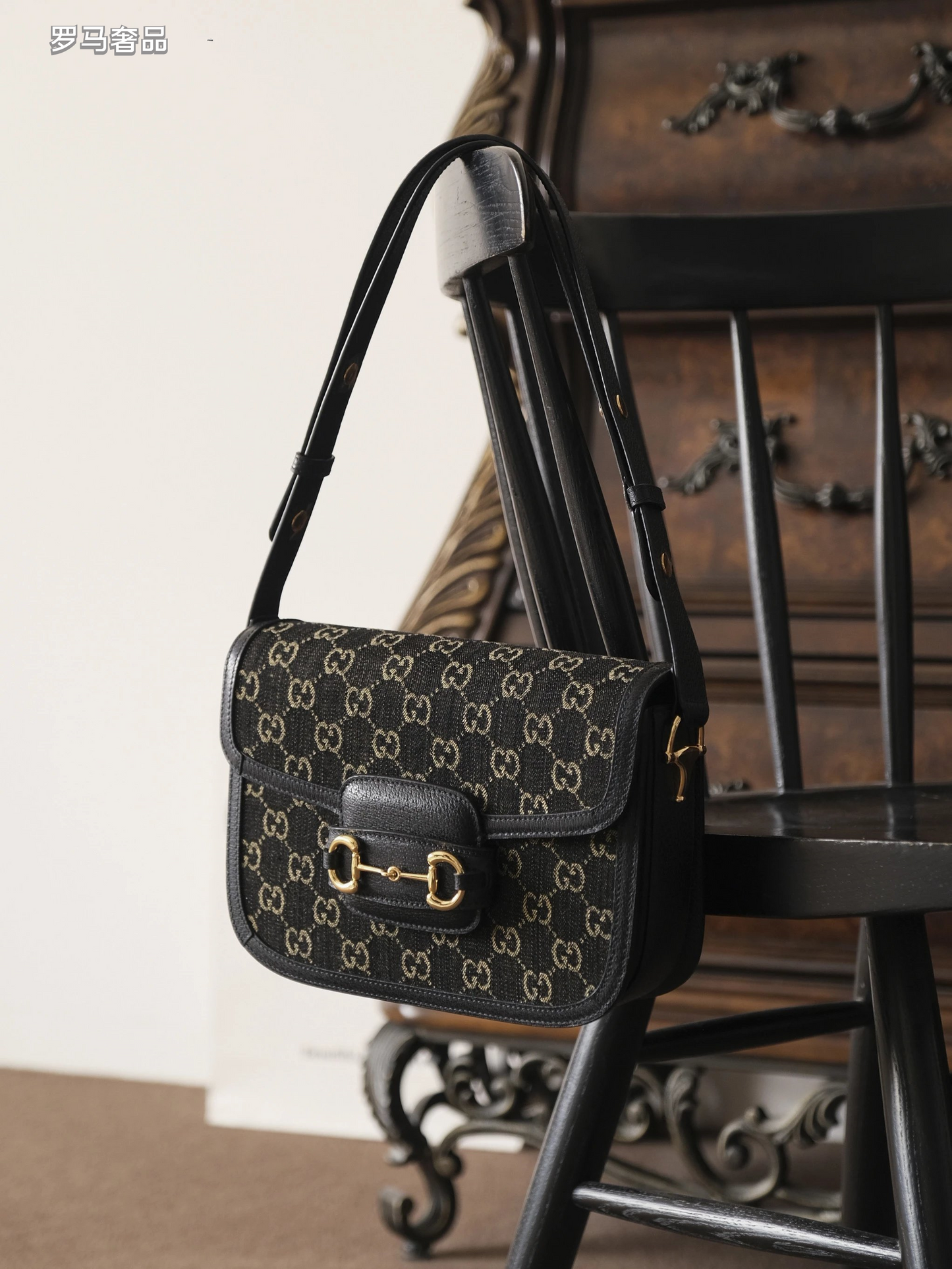 Gucci Vintage Monogram Canvas Shoulder Bag with Gold Horsebit Buckle