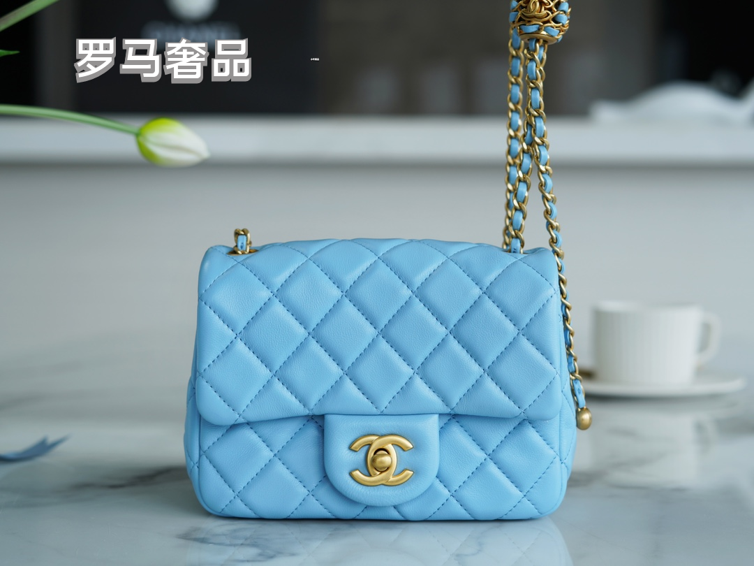 Chanel Mini Flap Bag with Pearl Crush Chain Lambskin Purple Gold Hardware
