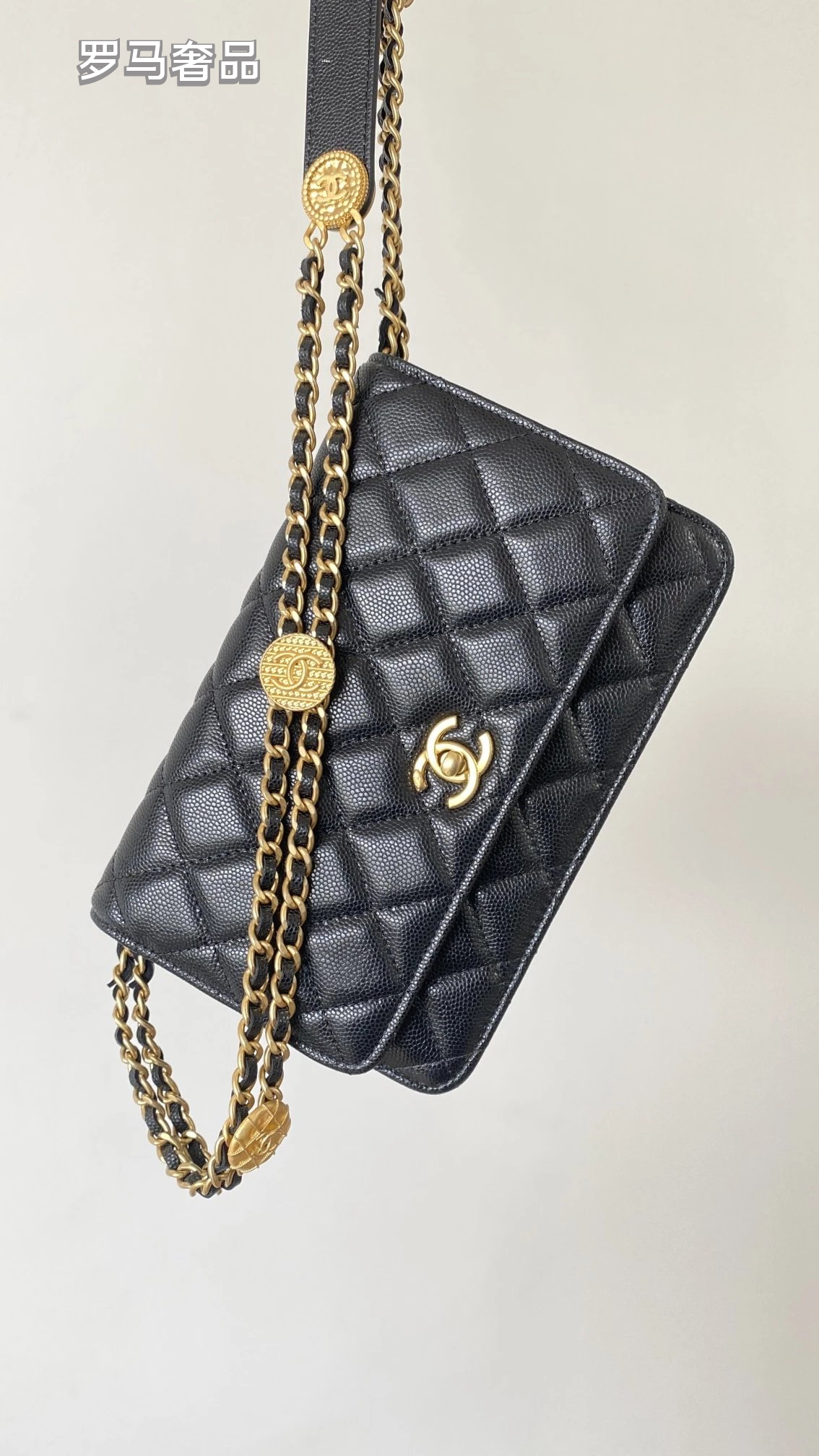 Tanzon Black Quilted Leather Crossbody Bag with Gold Chain Strap